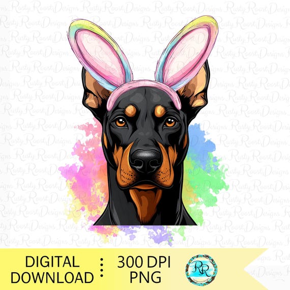 Easter Doberman Png, Dog With Bunny Ears, Easter Sublimation