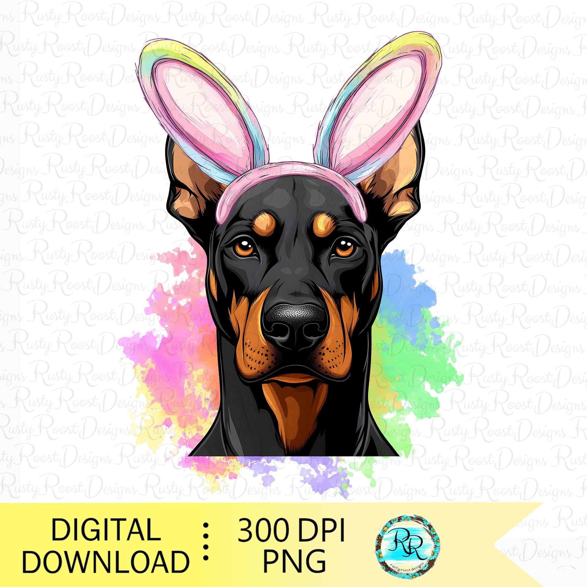 Easter Doberman Png, Dog With Bunny Ears, Easter Sublimation