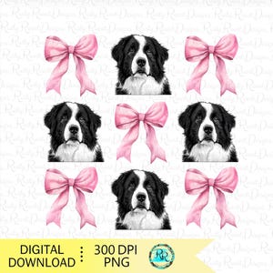 Grandes Pyrénées PNG, Conceptions de sublimation de chien coquette, amoureux des animaux de compagnie mignon, chien avec des arcs, Grandes Pyrénées noir et blanc avec des arcs roses