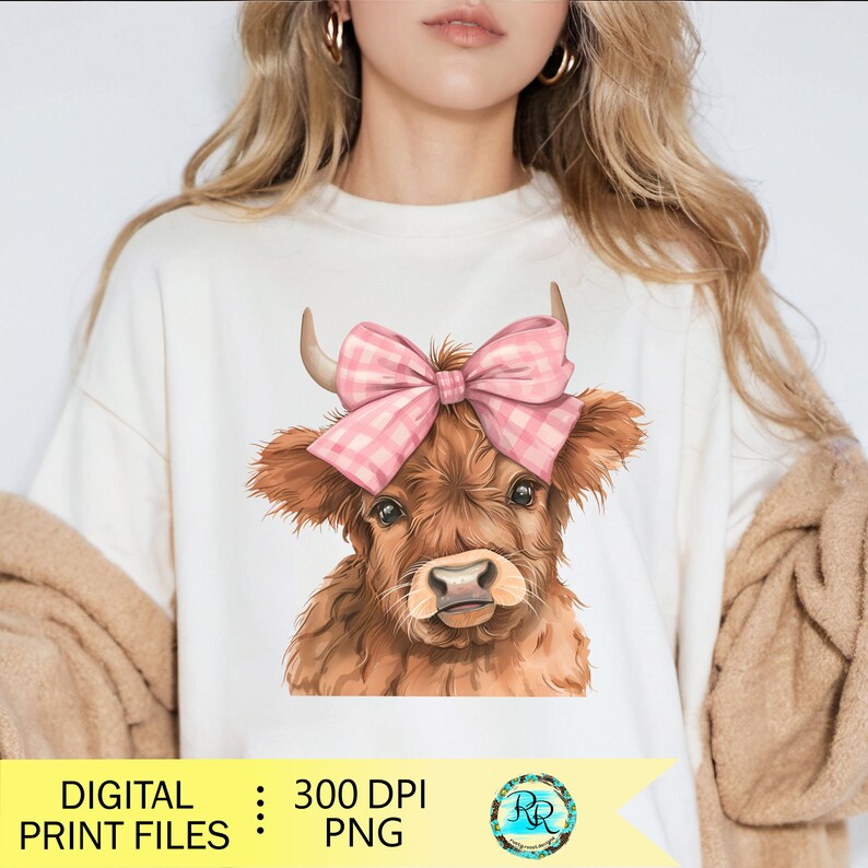 May include: A digital illustration of a brown Highland cow with a pink and white gingham bow on its head. The cow is looking directly at the viewer.