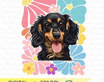 Bassotto PNG, Disegni floreali a sublimazione per cani, Cane con fiori, Bassotto a pelo lungo, Cane estivo png download digitale