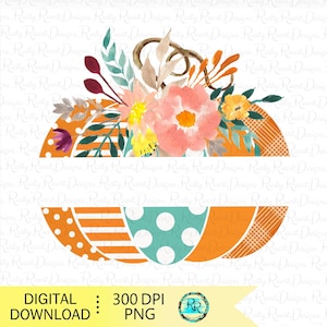 Puede incluir: Una descarga digital de una calabaza con un diseño floral y un espacio en blanco para texto. La calabaza es naranja, blanca y turquesa con un patrón de cuadros. Las flores son rosas, amarillas y blancas.