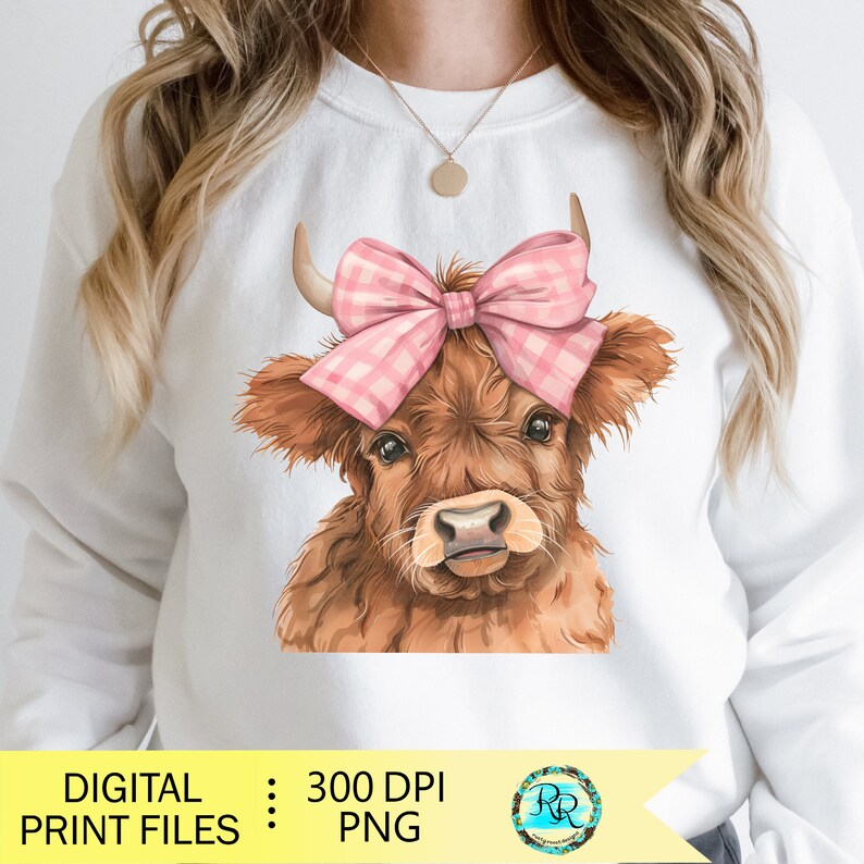 May include: A digital illustration of a brown Highland cow with a pink and white gingham bow on its head. The cow is looking directly at the viewer.
