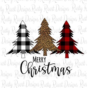 Pode incluir: Gráfico de Natal com três árvores com diferentes padrões: xadrez preto e branco, estampa de leopardo e xadrez vermelho e preto. As palavras "MERRY Christmas" estão escritas em baixo em itálico.