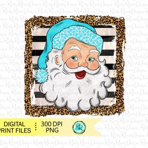 Père Noël léopard fond PNG, conceptions de sublimation de Noël, père Noël vintage, père Noël bleu, conceptions de chemise de Noël, conception imprimable