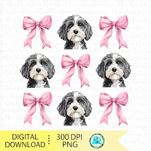 Aussiedoodle PNG, Cachorro Coquette, Desenhos de sublimação de cachorro, Design de camisa de cachorro, Cachorro com laços, Cachorro Aussie Doodle com laços rosa
