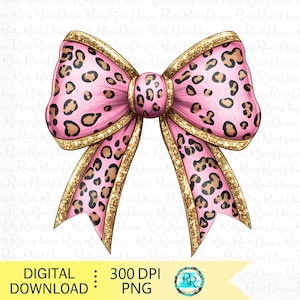 May include: A pink and gold bow with a leopard print pattern. The bow has a gold glitter finish.