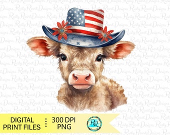 Patriottische koe Png, 4 juli, sublimatieontwerp, koe met hoed, Amerikaanse vlag, digitale download, westerse png, afdrukbare illustraties