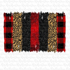 May include: A digital design featuring four vertical stripes in red, black, leopard print, and red and black plaid. The stripes have a distressed, textured look.