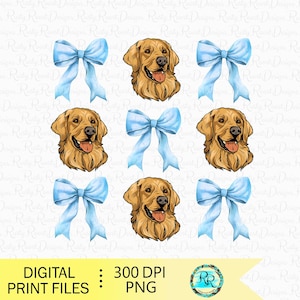 Golden Retriever PNG, Coquette dog, sublimation design, coquette shirt design, pet png, blue bow png