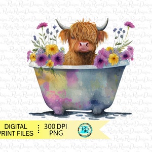 Highland cow in tub Png, Cow sublimation designs, Cute Cow with flowers, cow in a bucket, Watercolor cow, Western cow png, Printable artwork