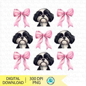 Shih Tzu PNG, flirthond, hondensublimatieontwerpen, hondenshirtontwerp, hond met strikken, zwart-witte shih-tzu met roze strikken