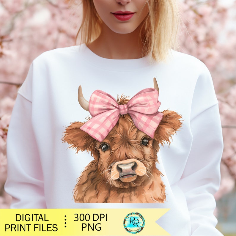 May include: A digital illustration of a brown Highland cow with a pink and white gingham bow. The cow is looking directly at the viewer. The image is suitable for use on t-shirts, mugs, tote bags, and other merchandise.