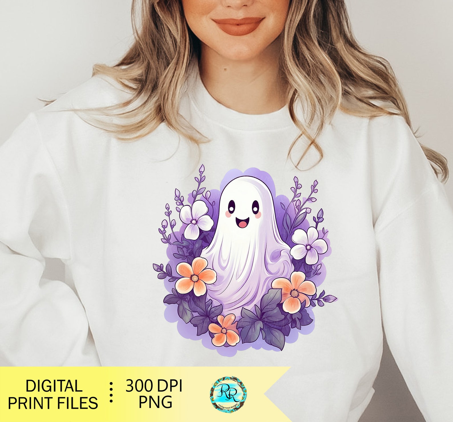 Ghost With Flowers Png, Cute Ghost, Retro Halloween Sublimation Designs ...