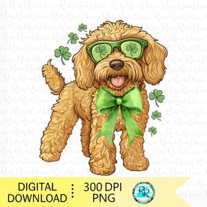 May include: A golden doodle dog wearing green shamrock sunglasses and a green bow tie. The dog is standing on a white background with green shamrocks scattered around it.