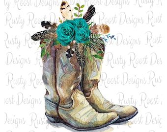 Cowgirl Stiefel png, Stiefel Sublimationsdesigns Downloads, Aquarell Stiefel, Cowgirl Shirt Design, bedruckbar, Sublimationsgrafiken, Stiefel mit Blume
