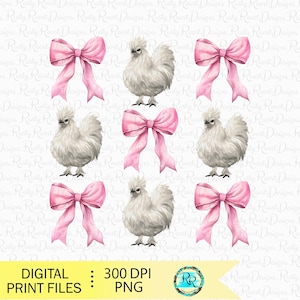 Poulet Silkie PNG, Coquette PNG, Design par sublimation de poulet, Design de chemise coquette, Poulet avec noeuds, poulet de ferme png thumbnail