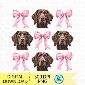 May include: Six digital illustrations of brown dogs with pink bows. The dogs are all facing forward and have their tongues slightly sticking out. The bows are tied around their necks.
