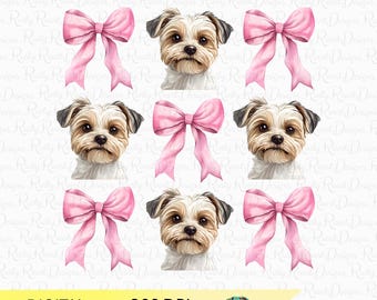 Parti Yorkie PNG, Coquette dog, Yorkie dog png, coquette shirt design, Yorkshire terrier, pink bow png, Yorkie with bows Png
