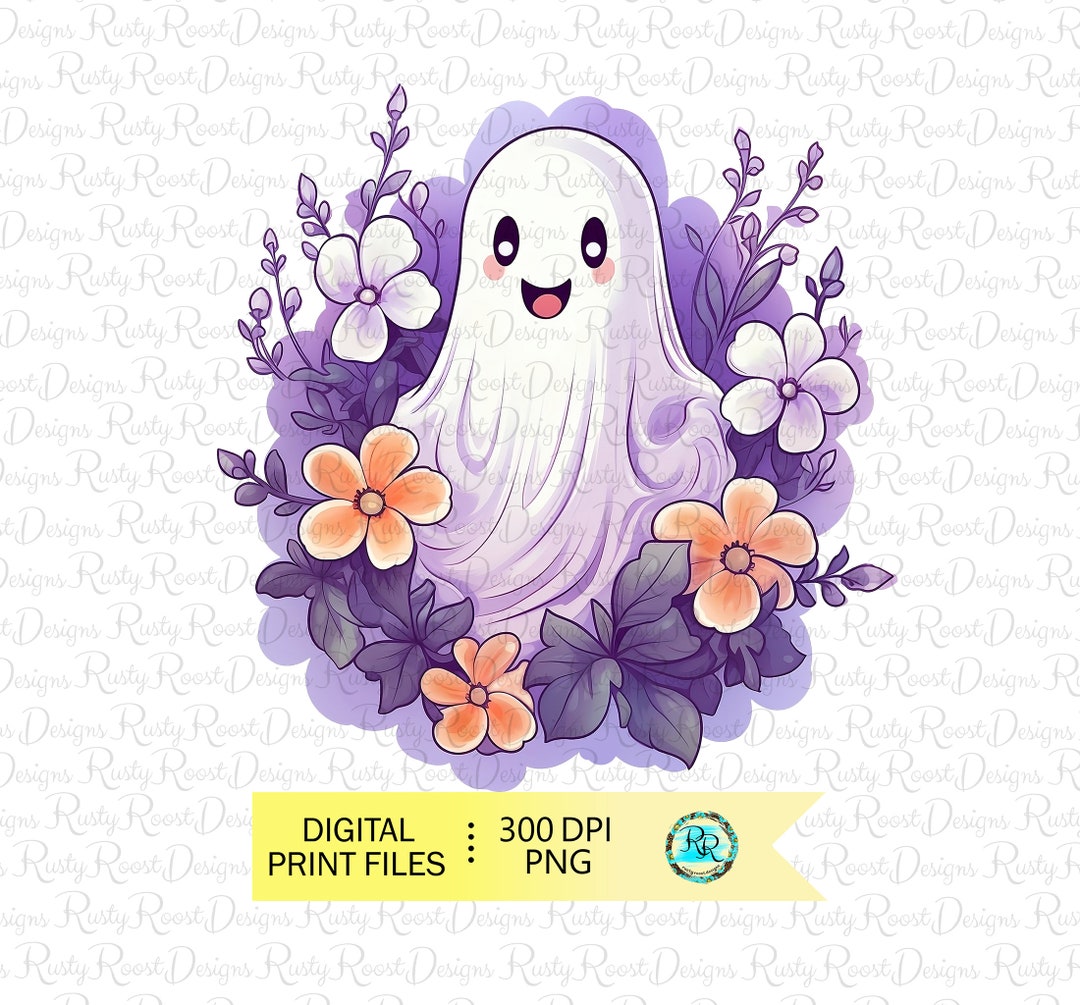 Ghost With Flowers Png Cute Ghost Retro Halloween Etsy