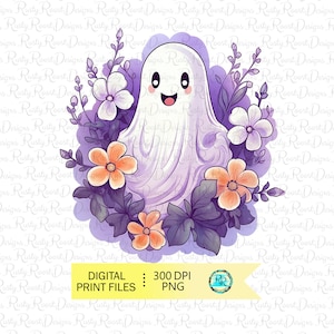Ghost With Flowers Png, Cute Ghost, Retro Halloween Sublimation Designs ...