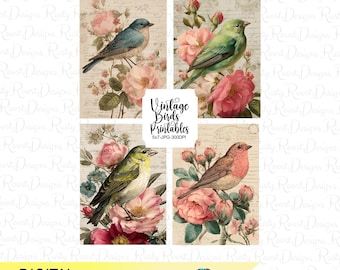 Vintage Birds Printables Set of 4, Antique Ephemera Style, 5x7 birds with flowers prints, Digital Download