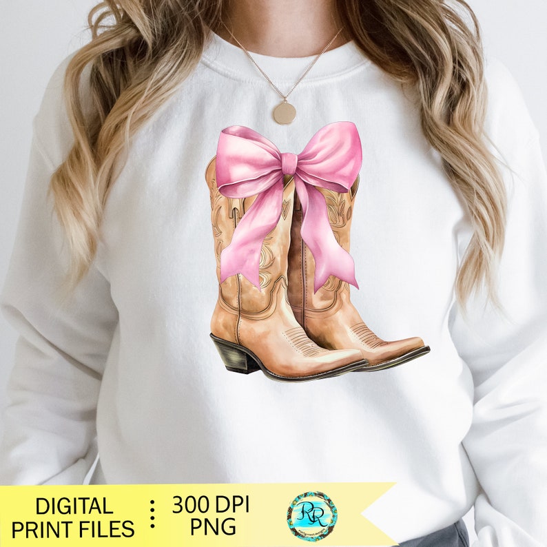 May include: A pair of brown cowboy boots with a pink bow on top. The boots are drawn in a watercolor style.