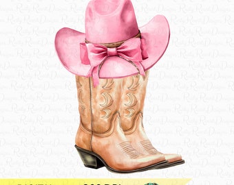 Coquette Cowgirl PNG, Boots and bows Png, Western sublimation design, Cowgirl boots png, pink bow png, watercolor boots Png