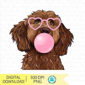 Labradoodle PNG, Hundesublimationsdesigns, Valentinstag Labradoodle mit Herzbrille png, Hund bläst Blase
