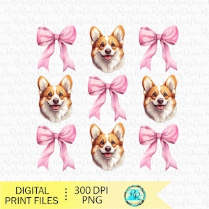 May include: A digital illustration set of six images featuring a cartoon corgi dog with a pink bow. The corgi is looking directly at the viewer with a happy expression. The background is white.