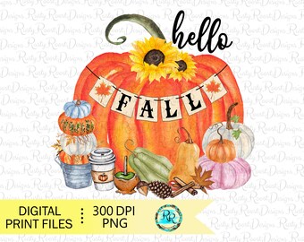 Hello Fall Pumpkin PNG: Autumn Sublimation Design (Digital Download)