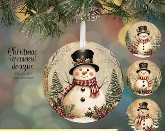 Vintage Snowman Ornament PNG Bundle, Christmas Ornament PNG, Snowman Sublimation Design, Printable Ornament designs Set of 4