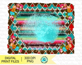 May include: A digital printable design featuring a turquoise and brown geometric pattern with a faded turquoise circle in the center. The design is surrounded by a border of pink, yellow, and blue roses.