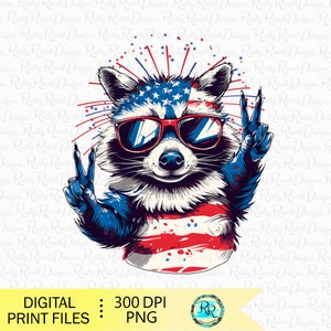 4. Juli Sublimationsentwürfe, niedlicher Waschbär-Clipart, 4