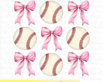 May include: A digital download of six images featuring baseballs with pink bows. The baseballs are white with red stitching and the bows are a light pink.