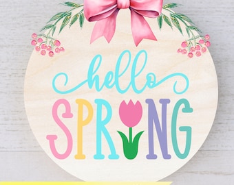 Bonjour printemps SVG, panneau de porte printemps SVG, fichier de coupe, panneau en bois SVG, svg d'accroche-porte, fichiers Svg pour cricut, étiquette en bois Svg
