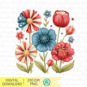 Op de afbeelding: Een digitale illustratie van een bloemstuk met rode, witte en blauwe bloemen. Sommige bloemblaadjes hebben een sterrenpatroon. De afbeelding bevat kleine rode en blauwe sterren, groene stengels en bladeren. De tekst onderaan luidt: DIGITAL DOWNLOAD 300 DPI PNG.