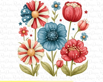 Red, white, blue Patriotic Flowers PNG, Fourth of July Shirt Design, USA floral printable Digital Download