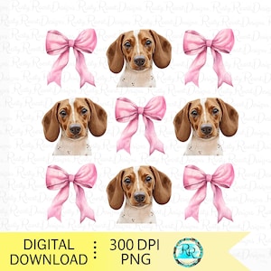 May include: A digital illustration of six dachshund dogs with pink bows. The dogs are brown and white with black noses. The bows are a light pink color.