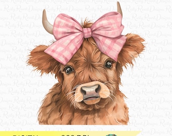 Highland Kuh Png, Kokette Kuh PNG, Kuhsublimationsentwürfe, Kokette Hemdentwurf, Kokette Sublimation, rosa Schleife png