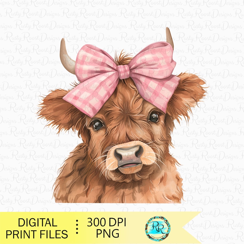 May include: A watercolor illustration of a Highland cow with a pink and white gingham bow. The cow is looking directly at the viewer with a sweet expression.