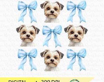 Parti Yorkie PNG, Coquette dog, dog lover, Yorkie dog png, coquette shirt design, Yorkshire terrier, blue bow png, Yorkie with bows Png