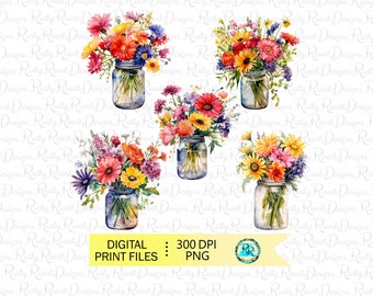 Flowers in jar Png, Flower bouquet png, sublimation designs, watercolor flowers, flower bundle, printable art
