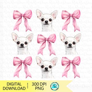Chihuahua PNG, flirthond, hondensublimatieontwerpen, hondenshirtontwerp, hond met strikken, witte chihuahua met roze strikken