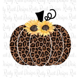 May include: A brown and black leopard print pumpkin with a black stem and three yellow sunflowers with brown centers.