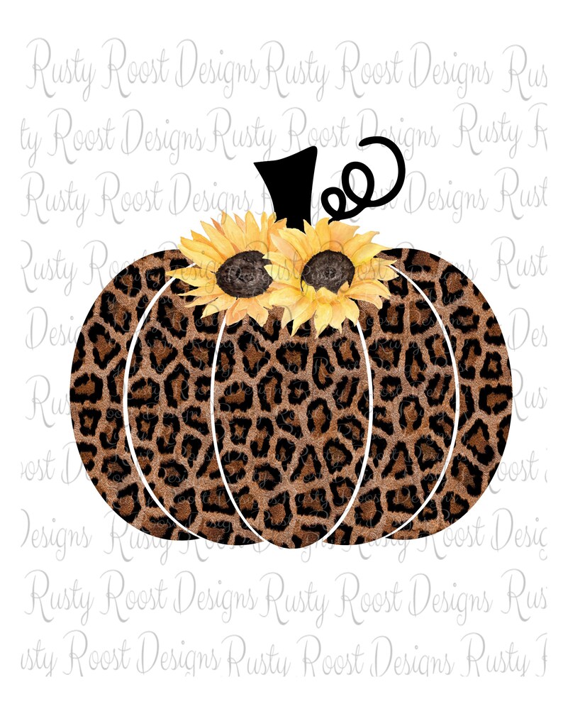 May include: A brown and black leopard print pumpkin with a black stem and three yellow sunflowers with brown centers.
