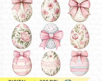 May include: Nine watercolor Easter eggs with pink and blue floral patterns, stripes, and polka dots. Each egg has a pink bow.