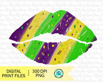 May include: Purple, green and yellow lips with gold glitter and a diamond pattern. The lips are painted in a Mardi Gras theme.