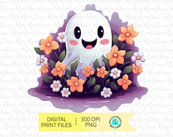 Retro ghost Png, Halloween sublimation designs, Cute Ghost sublimation PNG, sublimation graphics, Ghost with flowers png