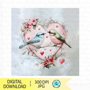 Valentine's digital paper, scrapbook digital paper, Love birds, sublimation designs, junk journal paper, decoupage printables